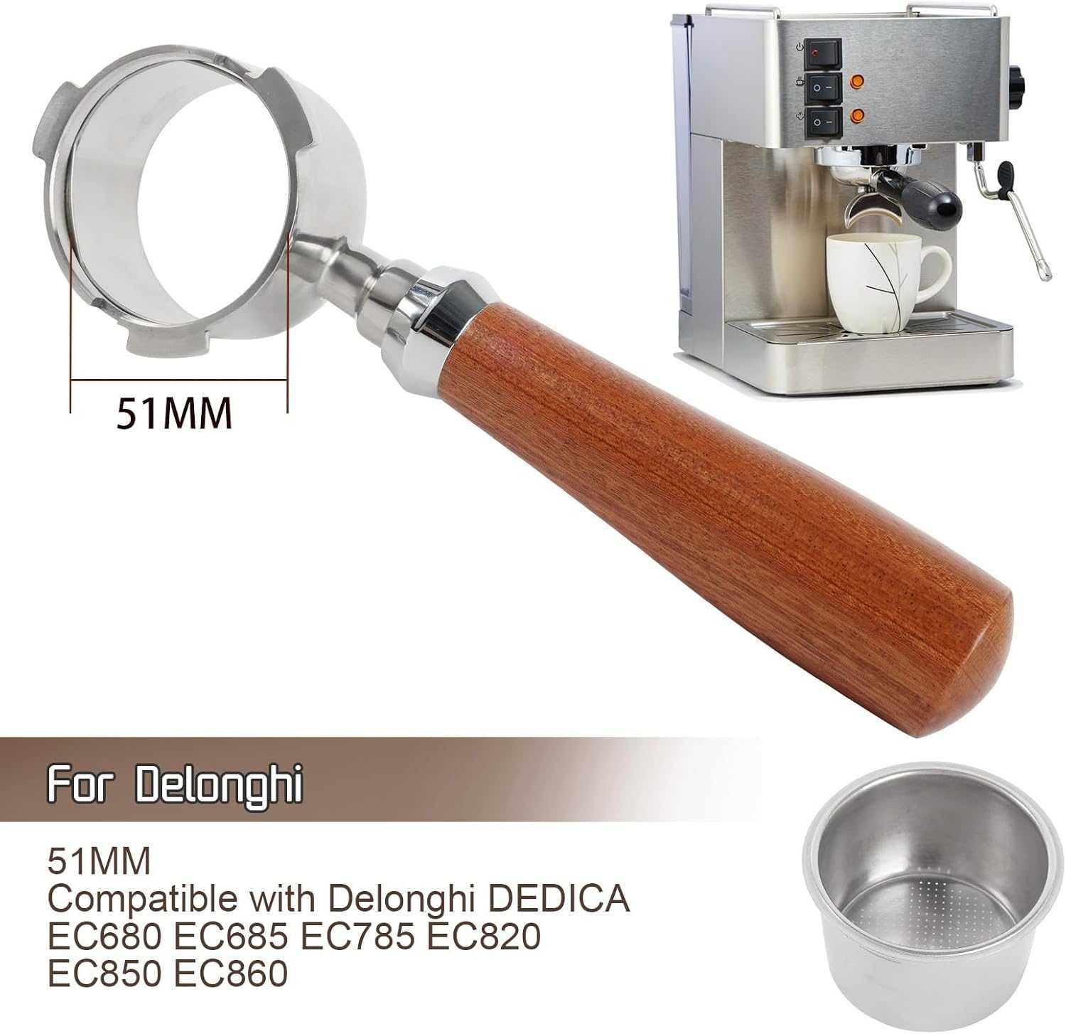 Ръкохватка/портафилтър за DeLonghi Dedica 51 мм,EC680/EC685/EC785