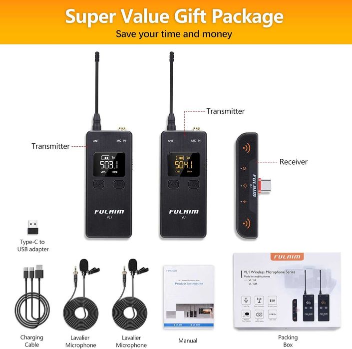 Sistem microfoane lavaliera FULAIM VL1,android,pc,laptop,negru,sigilat