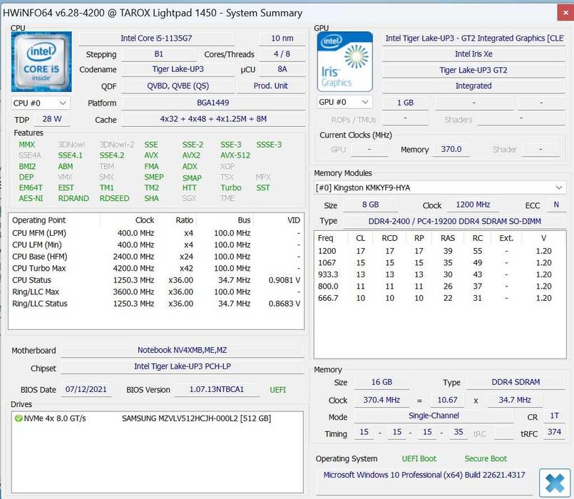 Laptop Clevo Intel Gen 11 I5 1135G7 Ram 16GB 512 SSD Iris Xe 14 Inch