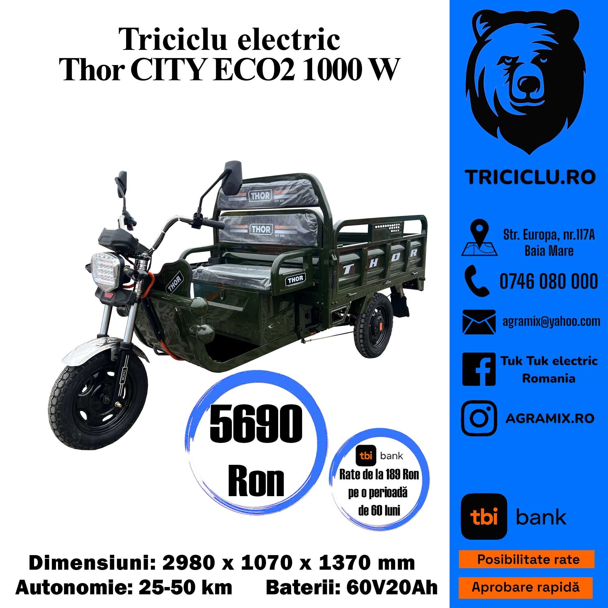 Triciclu electric Thor CityECO2 cu 2 locuri Agramix