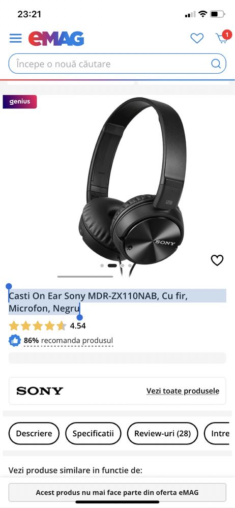 Casti On Ear Sony MDR-ZX110NAB, Cu fir, Microfon, Negru