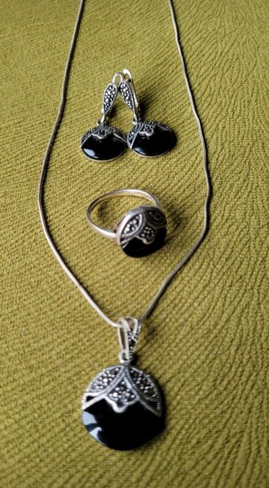 Set argint, cercei/inel si lant cu pandantiv, Onix si marcasite