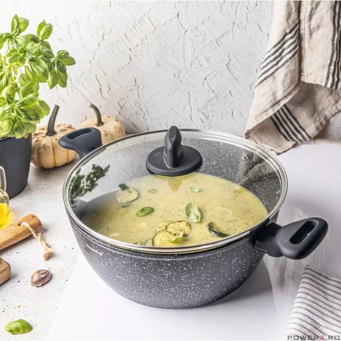 Oala cu capac, aluminiu turnat, marmorata, neagra, 28cm, 5.71l,