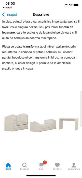 Patut Bebe Convertibil 3 in 1 din MDF,transformabil pat copil,saltea