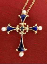 Faberge 14 K Franklin Mint  cruciulița lanț safire perle