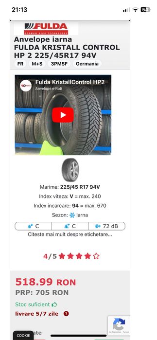 Vand cauciucuri de iarna Fulda 225/45/R17 94 V XL