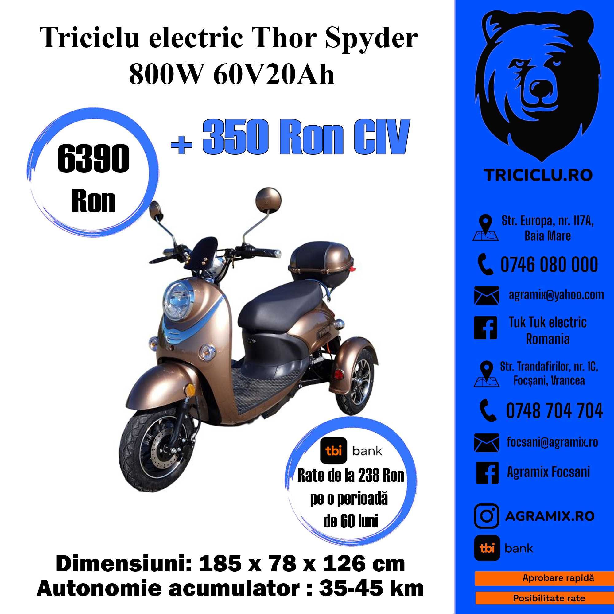 Triciclu electric Thor Spyder 800W tuk-tuk nou Agramix