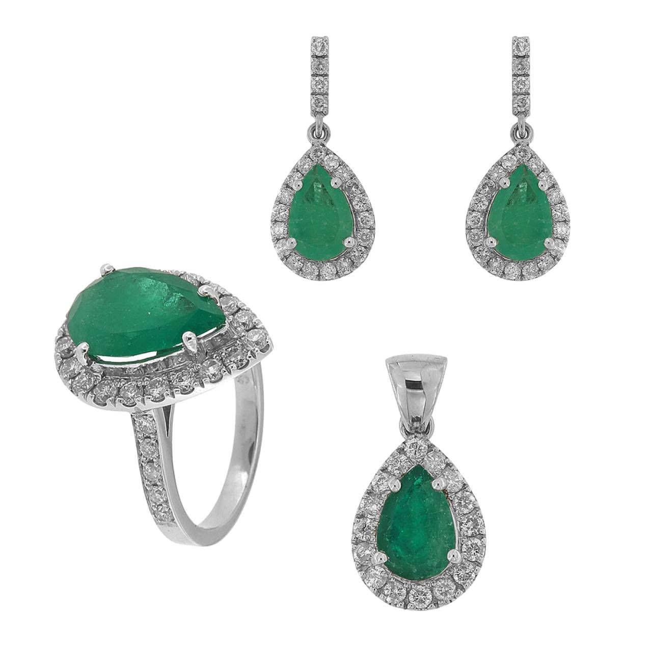 Set din aur alb 14k, cu smaralde naturale si diamante naturale, SAU37