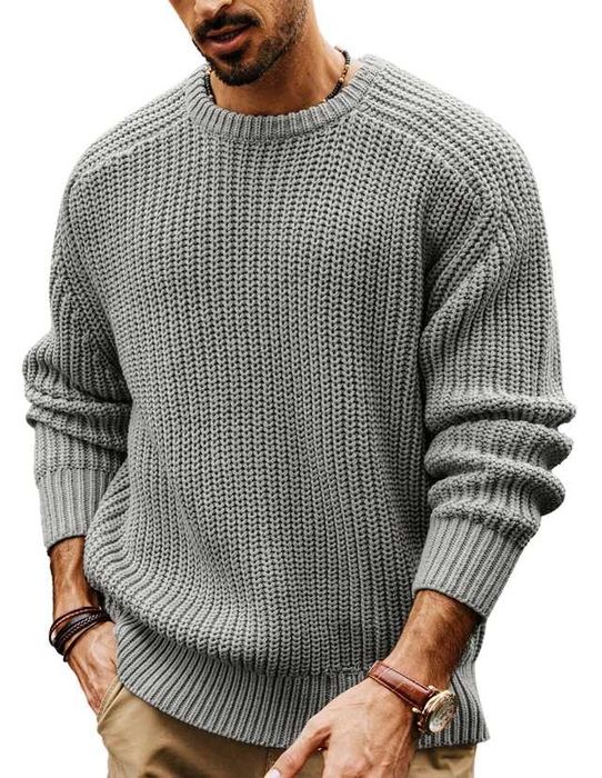 Pulover bărbați tricotat, guler rotund, gri, croială lejeră, M