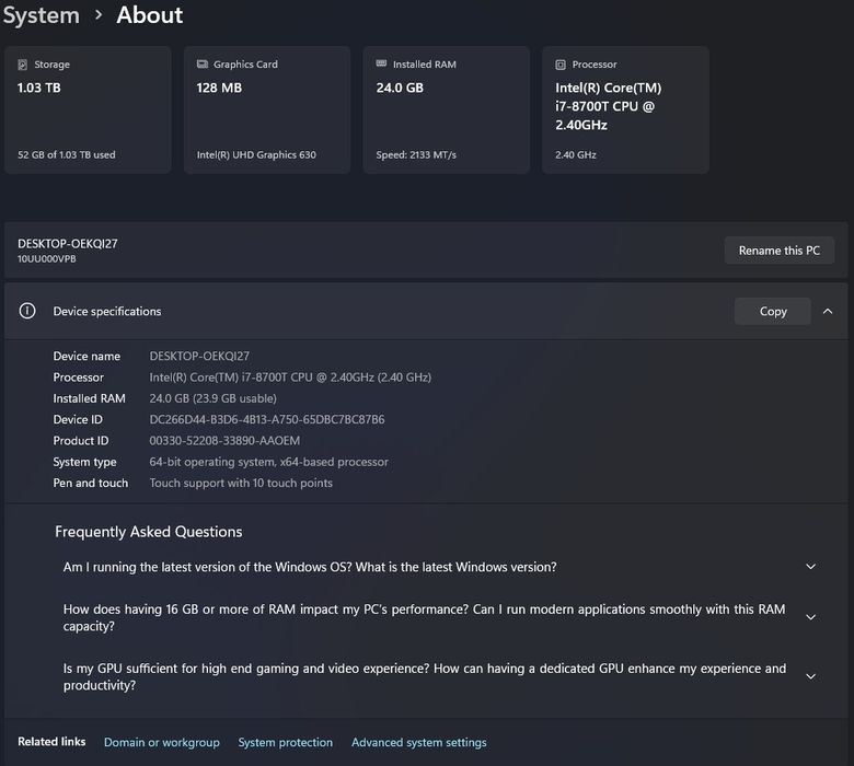 Vand Lenovo All-in-One i7 gen8 24GB ram Touchscreen