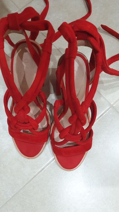 Дамски сандали на ток, червени, естествен велур, нови, размер 37