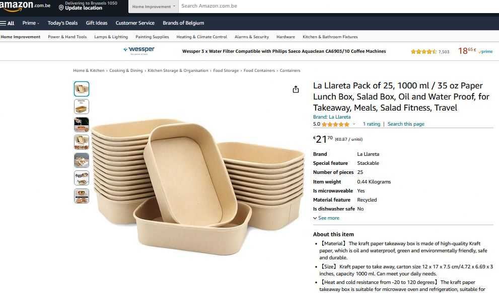 Cutii carton, rezistente la apa, recipient takeaway 12x17x7.5cm, 25buc