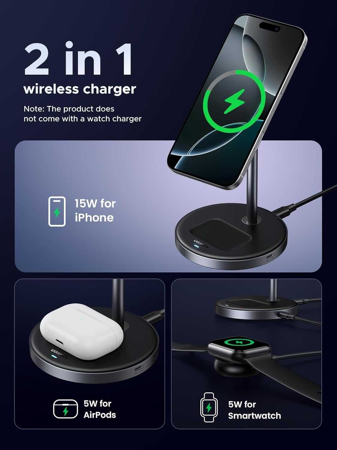 Зарядно устройство UGREEN MagFlow MagSafe, безжично Qi2 15W 2 в 1