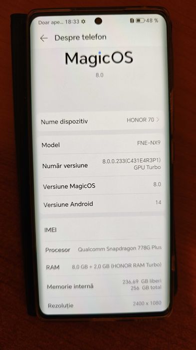 Telefon Honor 70, Dual SIM, 8GB RAM, 256GB, 5G, Crystal Silver