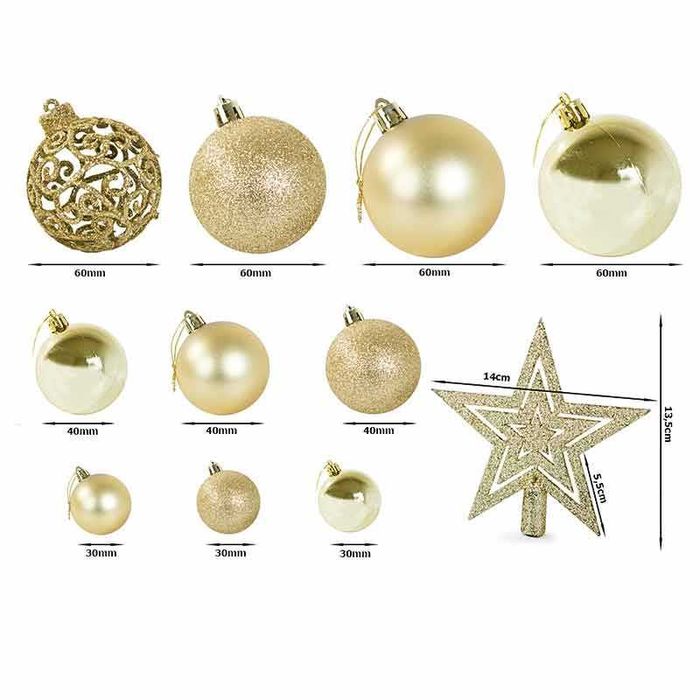 Златист комплект коледни топки 100 броя, различни размери и звезда