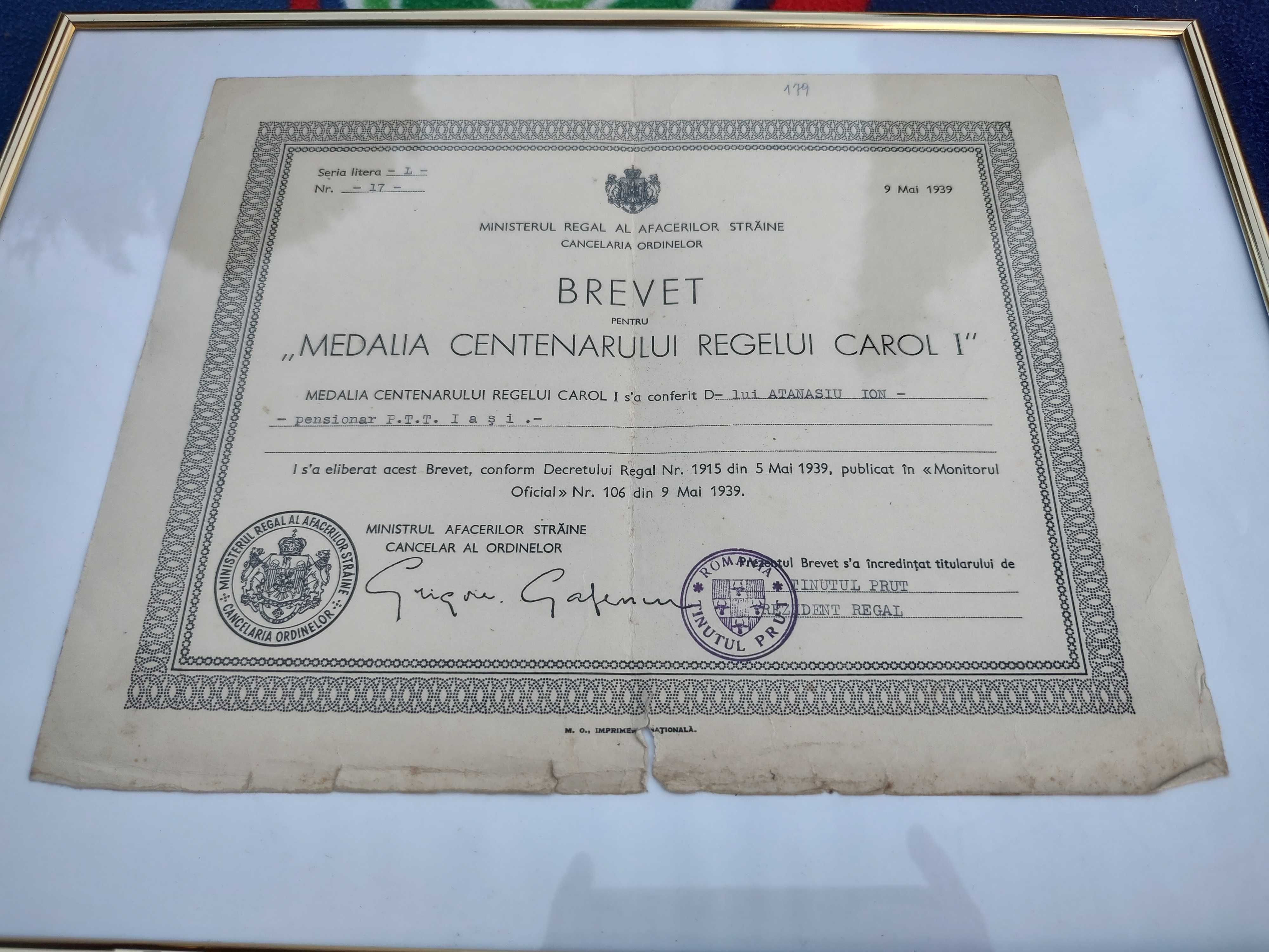 Brevet pentru "Medalia centenarului Regelui Carol I"