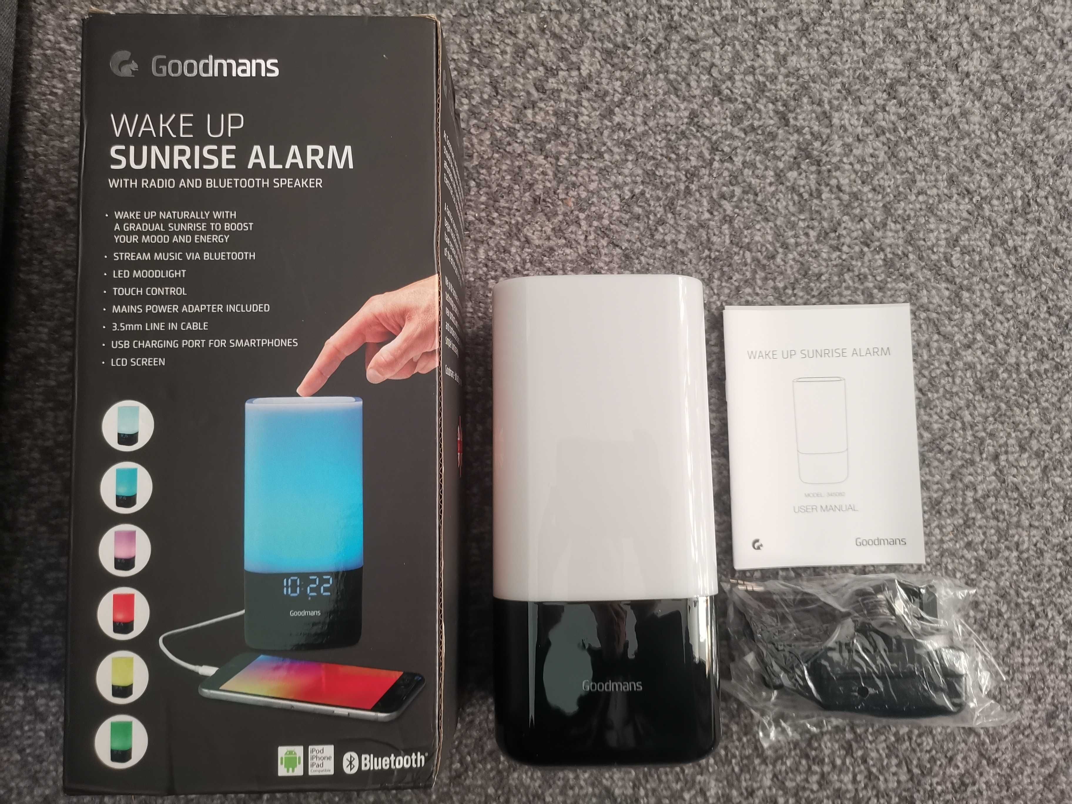 НОВ GOODMANS Sunrise Radio Alarm Bluetooth Speaker нощна лампа 6 цвята