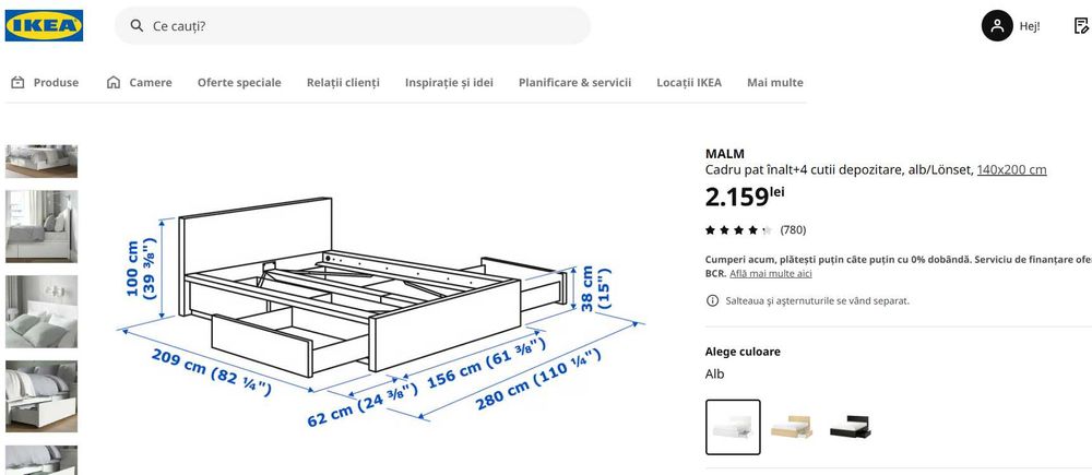 Pat alb MALM IKEA 140 x 200 cm - in stare foarte buna