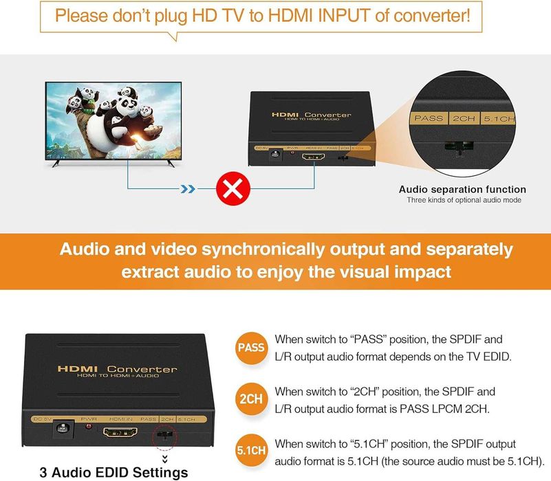 Convertor extracție audio,adaptor HDMI 4K-60Hz,Audio(SPDIF+L/R Stereo)