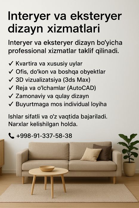 Interyer va eksteryer dizayn xizmatlari

Interyer va eksteryer dizayn