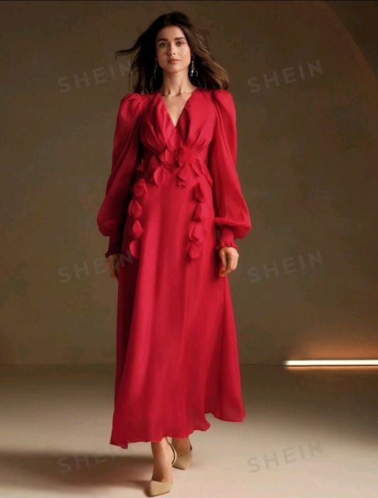 Rochie eleganta rosie cu trandafiri NOUA - mar. 8/