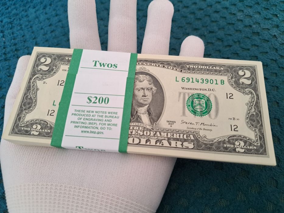 Bancnote colectie 100 buc de 2 dolar,noi,serii consecutive,anul 2017