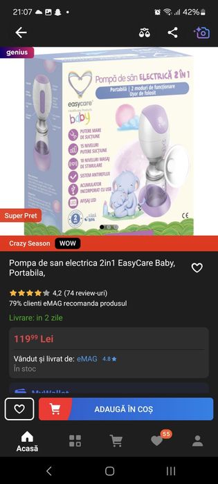 Pompa de san electrica 2in1 easycare baby, portabila
