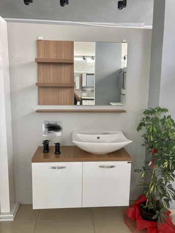 Комплект шкаф, мивка, огледало за баня, рафт