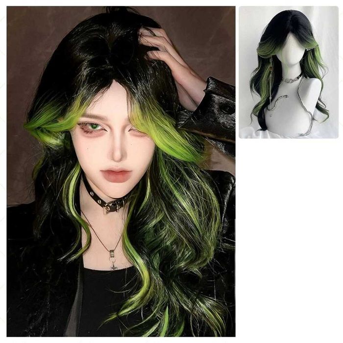 Черна чуплива перука с лимонено жълти кичури