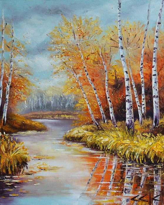 "Шепотът на брезите" Картина 50х40см, Маслена живопис с шпакла