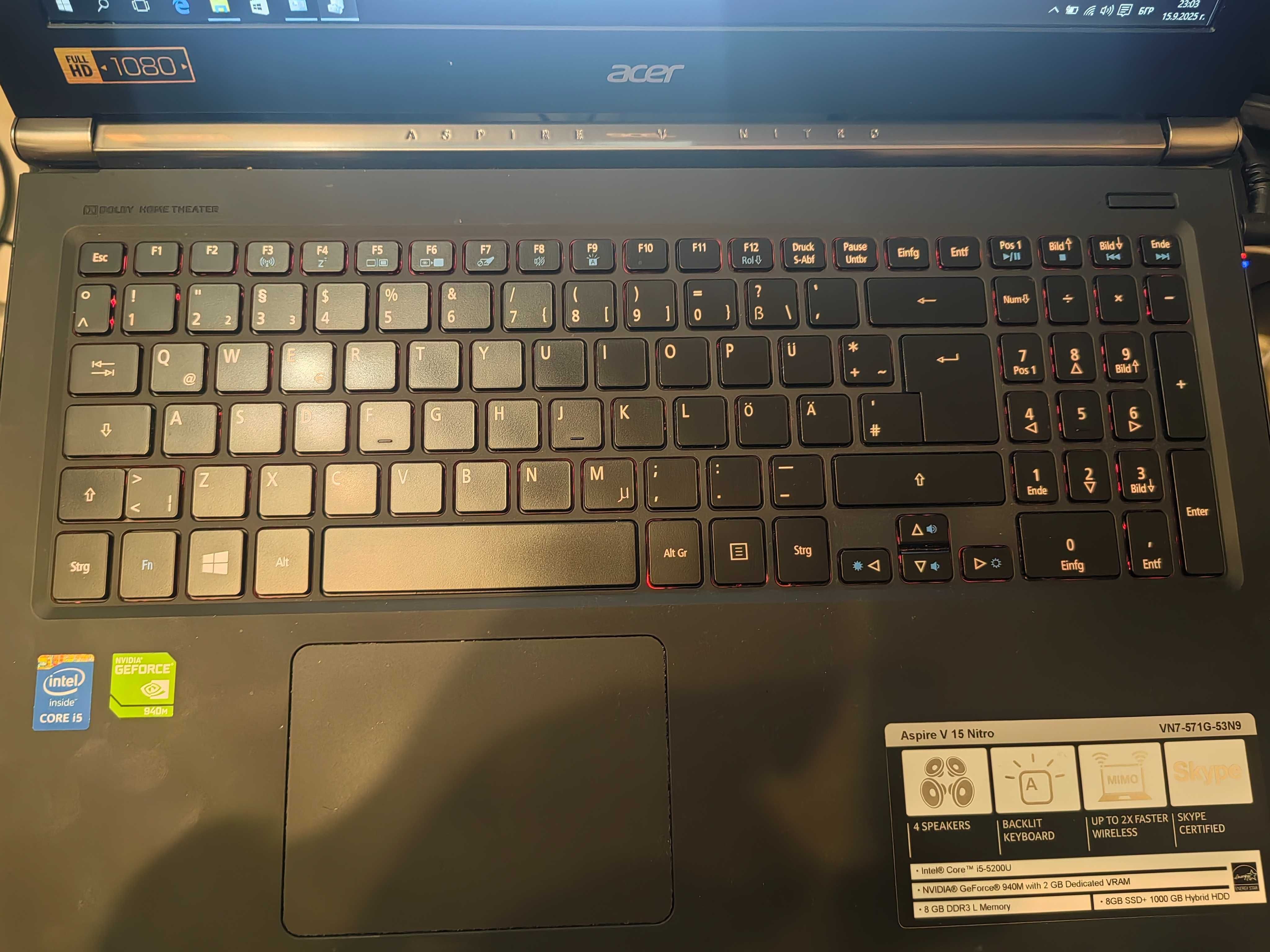 Лаптоп Acer aspire v15 Nitro I5/8Ram/940M