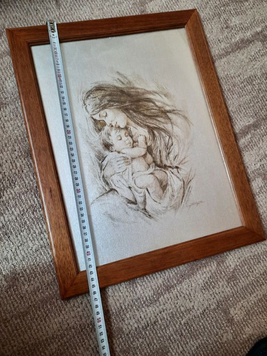 Litografie tânără cu copil în brate (posibil Fecioara Maria)