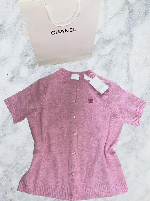 chanel шанел розова блузка плетена мека с копчета риза топ тениска