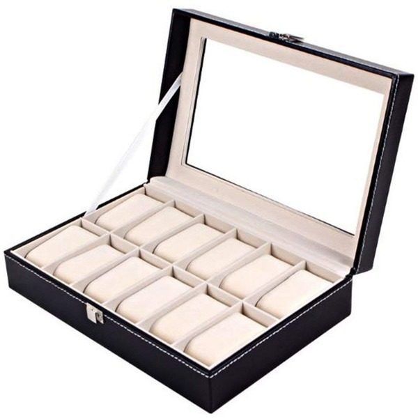 Cutie depozitare ceasuri de mana cu 12 pernite din piele si fereastra