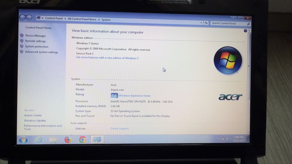 Laptop Acer Aspire One Model KAV60 D250-0DGk