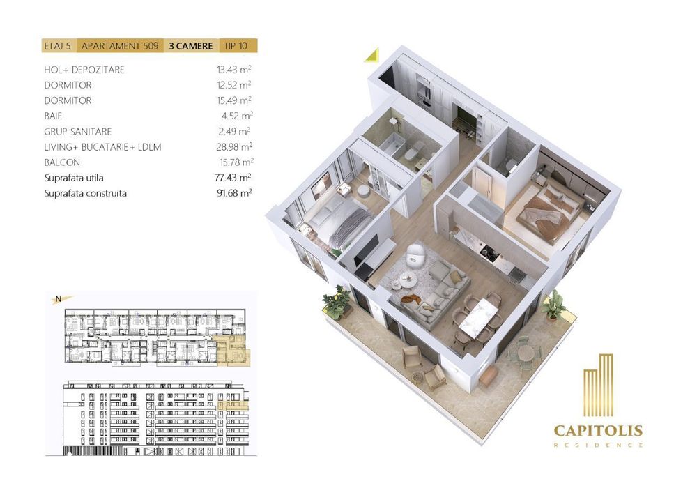Apartament cu 3 camere, orientare N-E, etaj 5, Capitolis Residence