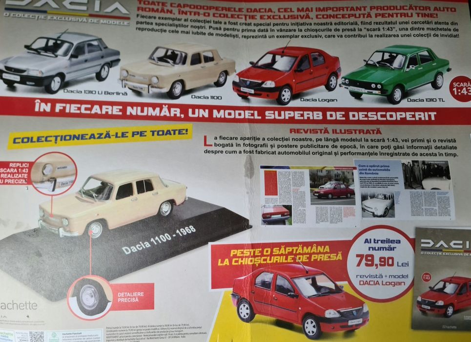 Machetă Dacia 1100 din 1968, ediția mașini Dacia, numărul 2, hachette