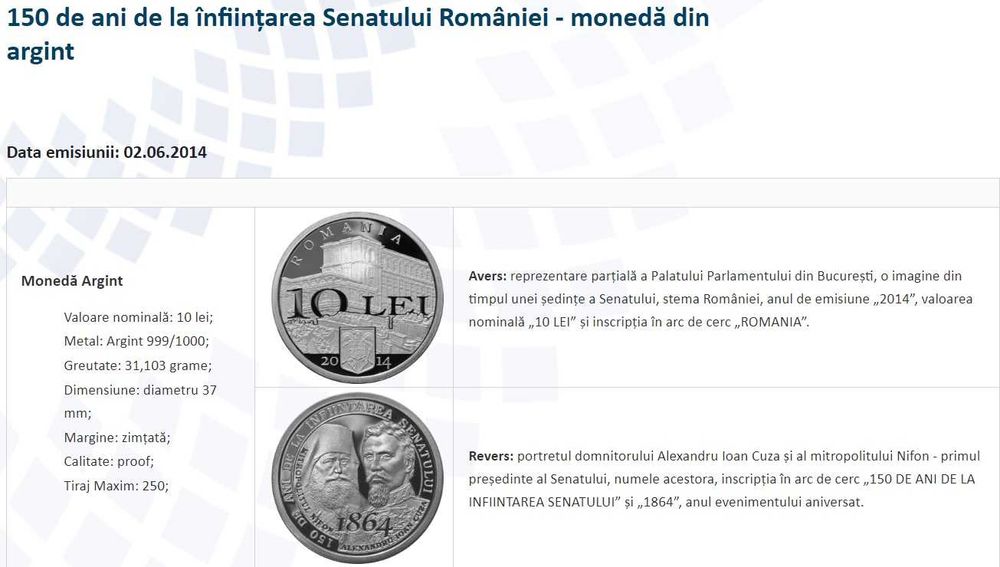Moneda BNR 10 lei argint Senatul Romaniei gradata NGC PF 69 UC