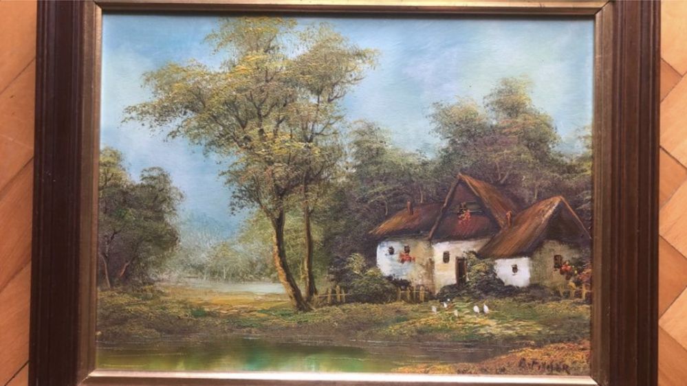 Tablou,pictura franceza in ulei pe panza,cabana in padure