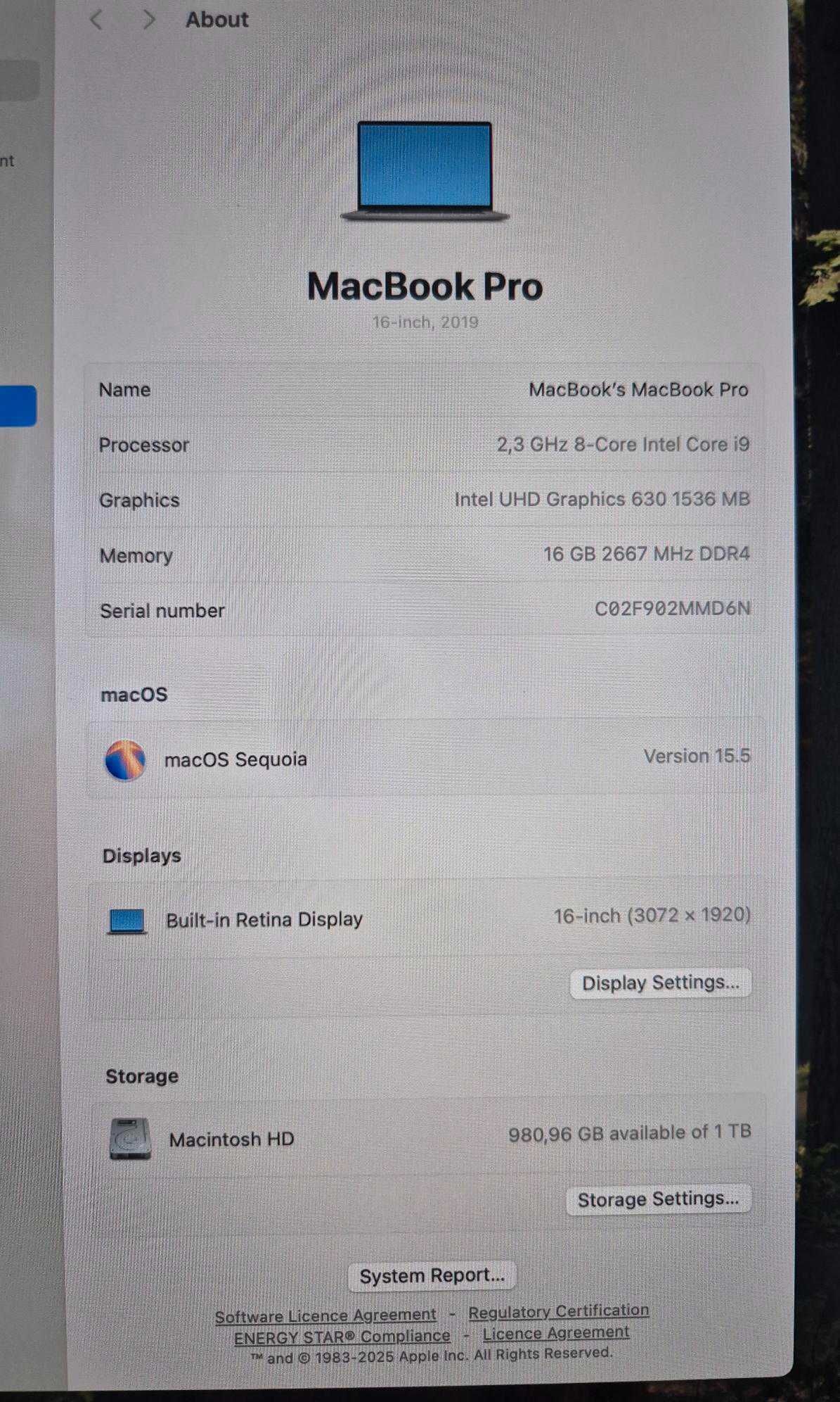 MacBook Pro A2141 16" Intel Core i9 8-core SSD 1TB RAM 16GB AMD 5500M