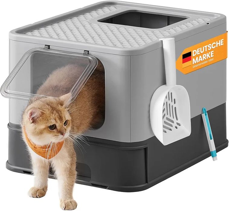 Literă pentu pisici cu capac, tava extensibilă, lopățică și perie, Gri