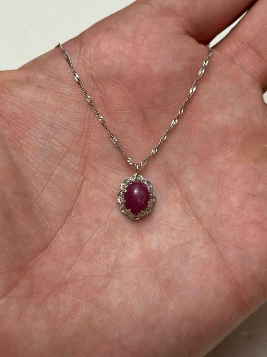 LANT + PANDANTIV AUR alb 18K + 8 Diamante + 1 Rubin Caboson - Vintage