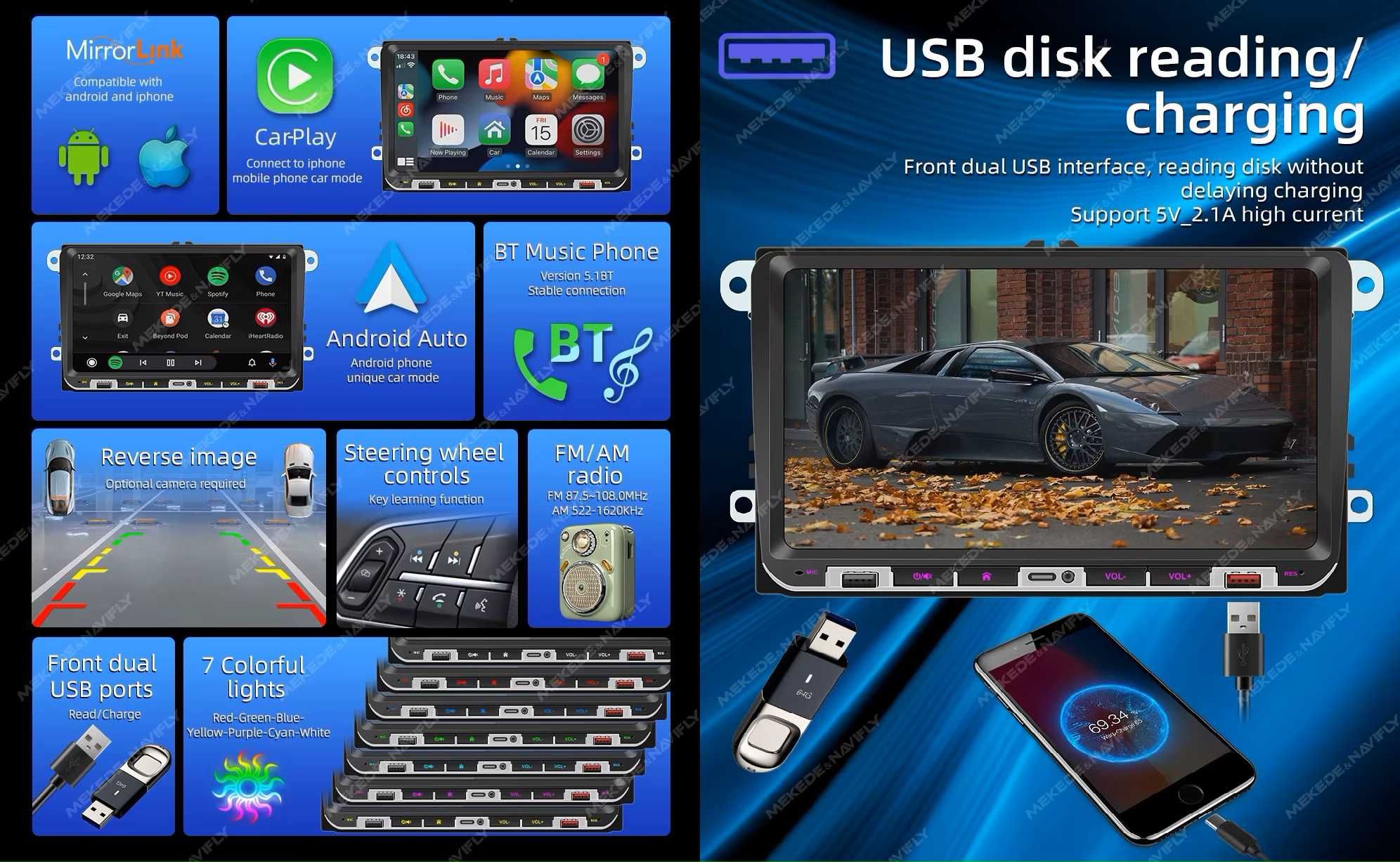 MP5 Player auto cu ecran tactil HD de 9 inch, carplay + auto BT MP5