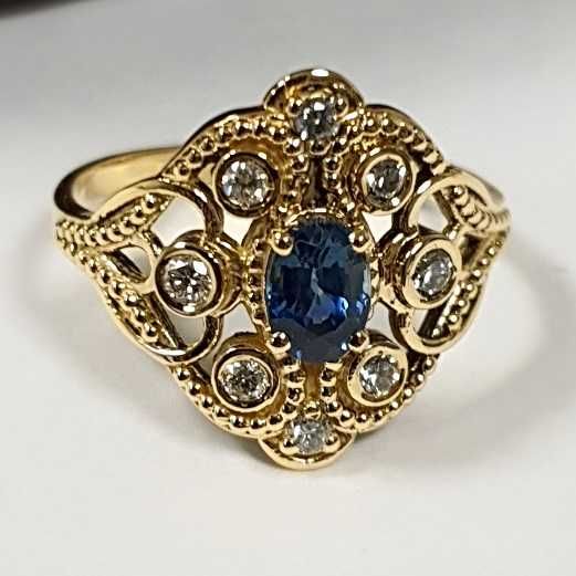 superb inel art-deco aur 14k cu safir si diamante naturale