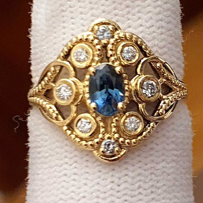 superb inel art-deco aur 14k cu safir si diamante naturale