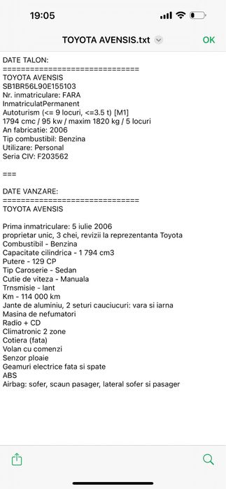 Toyota Avensis 1.8 Benzina 2006