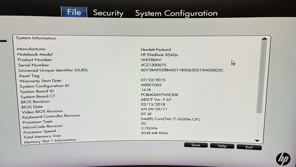 Placa de baza HP EliteBook 8560p