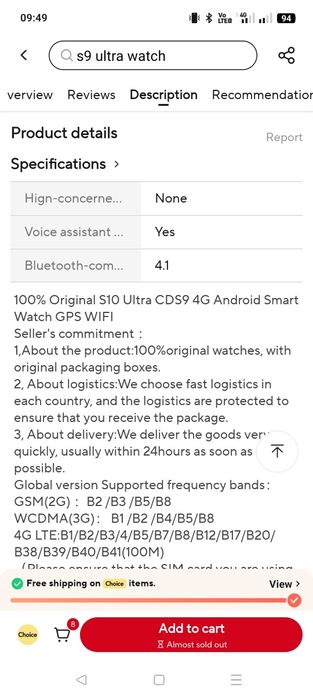 Ceas S9 Smart Cellular , Android, ecran Amoled, 8GB RAM , 128GB hard