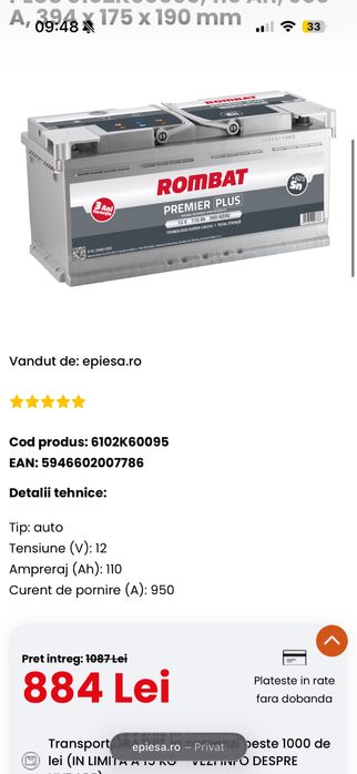 Baterie auto Rombat premier de 110AH si 950A