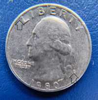 четвърт доларова монета с два дефекта 1980 Р